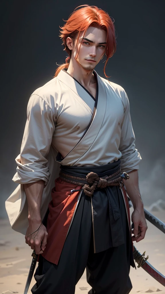 • Head:
• The character has a youthful, slightly angular face with soft yet defined features, giving him an approachable and gentle look.
• His hair is a vibrant reddish-orange, long and straight, with some strands framing his face while the majority is tied back into a low ponytail.
• The bangs are long and fall across his forehead, partially covering his eyes, adding to his mysterious and somewhat serene expression.
• His eyes are large, expressive, and a striking blue color, giving him a look of deep thoughtfulness and inner strength.
• A distinct, cross-shaped scar is present on his left cheek, adding an element of past conflict or hardship to his otherwise gentle appearance.
• His expression is calm, with a slight, knowing smile that suggests both kindness and experience.
• Upper Body:
• The character is dressed in a traditional Japanese kimono, specifically a red gi, which is loose-fitting and flows elegantly around his body.
• He wears the kimono in a casual yet orderly manner, with the front slightly open to reveal a bit of his chest.
• A katana (Japanese sword) is slung over his left shoulder, with the hilt visible above his shoulder, indicating he is a skilled swordsman. The sword is held casually but securely, suggesting readiness without aggression.
• Pose:
• The character is turned slightly to the side, with his left hand resting on the hilt of his katana, which is slung over his shoulder.
• His stance is relaxed yet alert, reflecting both his calm demeanor and his readiness for action if necessary.
Simple Background, Anatomically correct,