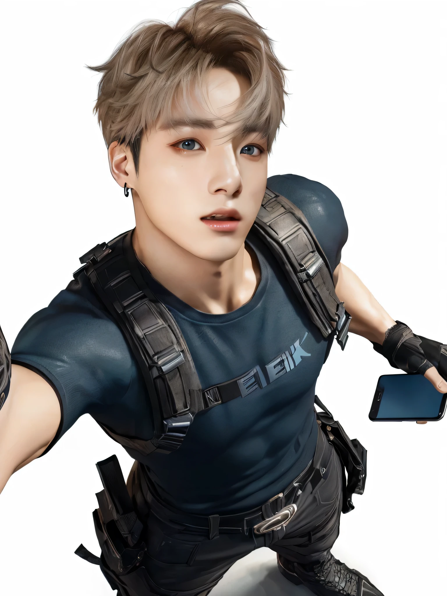 arafed image of a man with a cell phone in his hand, jungkook, cai xukun, jimin, 3 d render of jerma 9 8 5, park jimin, video game character, 3d character realistic, realistic anime 3 d style, 2 d cg, as a character in tekken, high quality fanart, inspired by Wuzhun Shifan