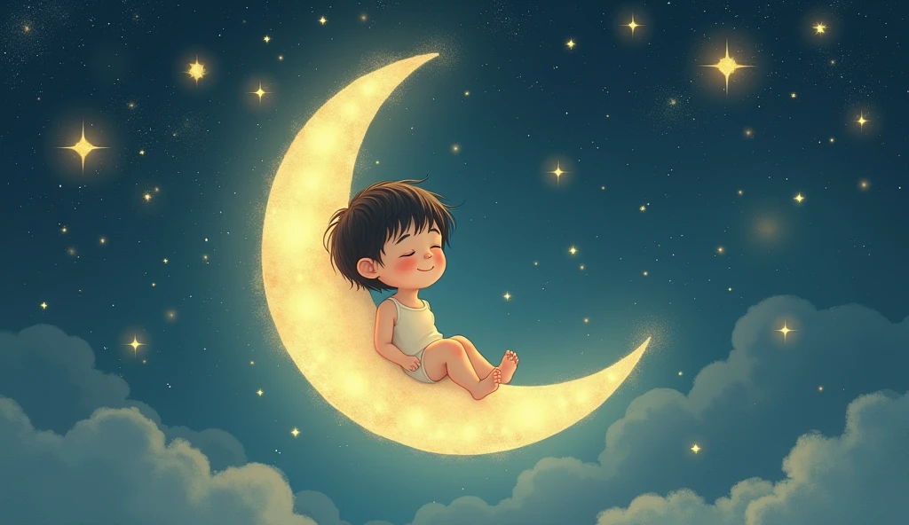 a child listens to a lullaby and sits tenderly on a crescent moon in a fairytale space, and there are many stars around, sleeps with his eyes closed