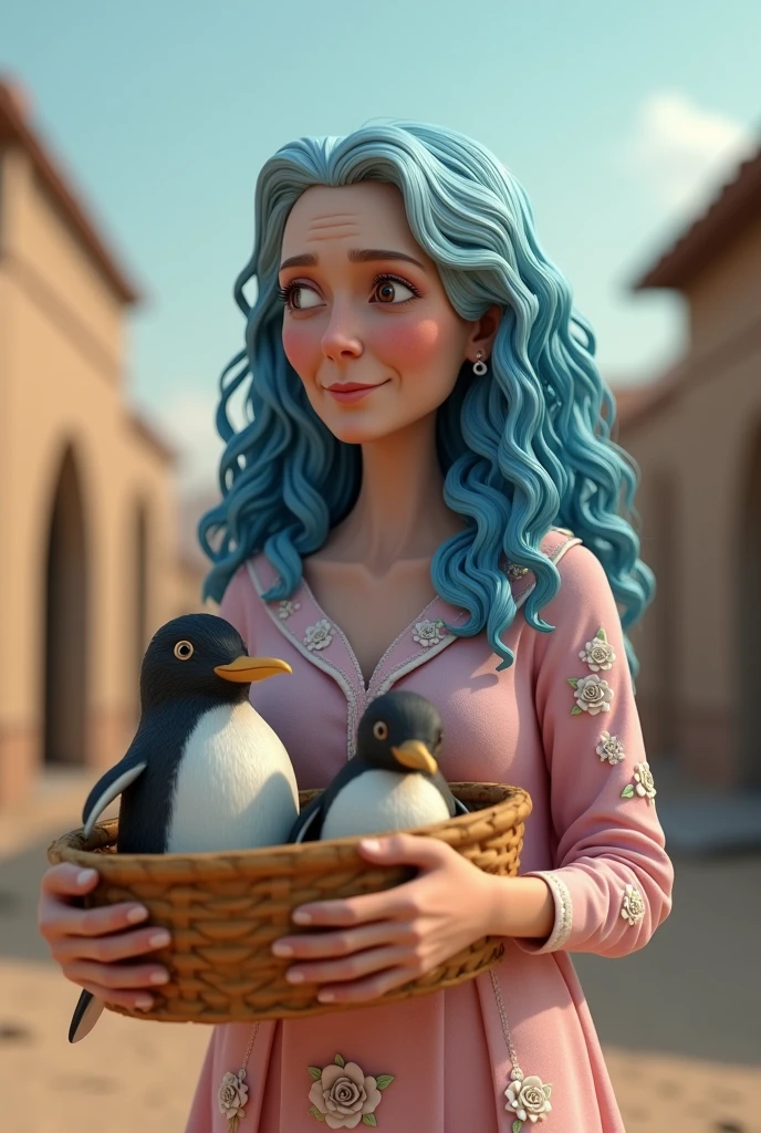 80 year-old woman with curly blue long hair
A pink dress with pictures of white roses on it
A wooden basket with a penguin inside
In iran
Style 3D