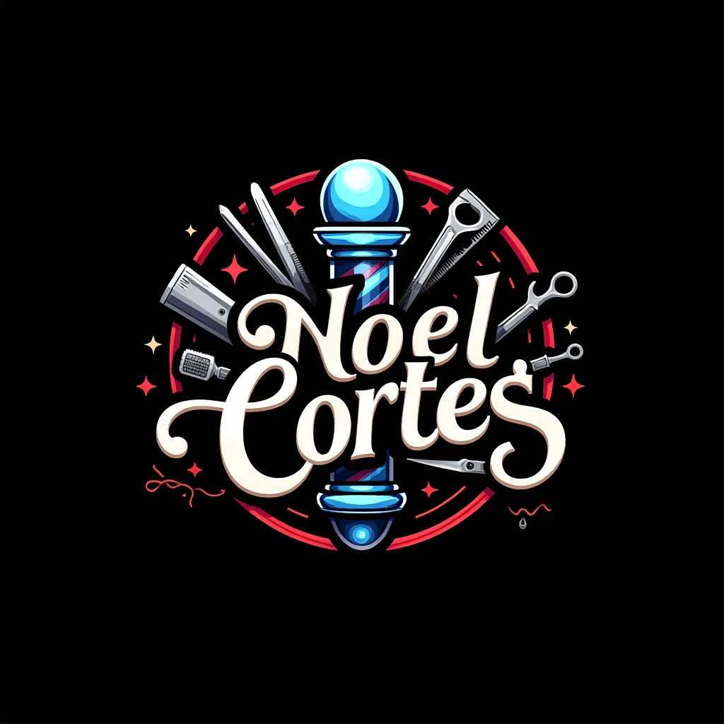 Faça uma logo escrita “Noel cortes” com a fonte bem detalhada é um símbolo 💈 azul, red and white in the back with some barber tools behind is a black background