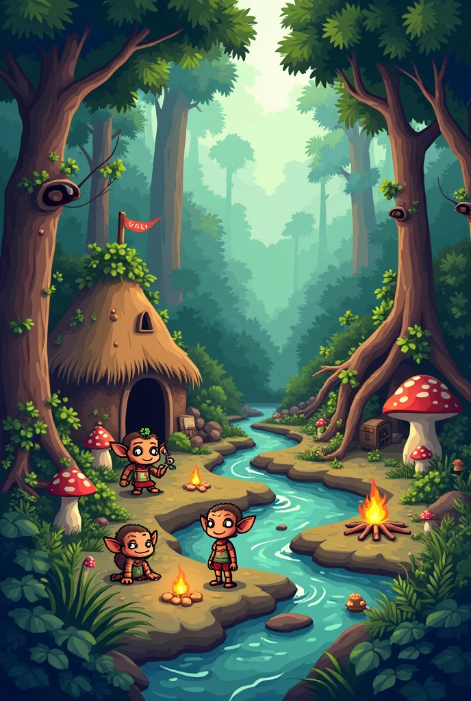 Lofi rainforest goblin village pixel art, Neolithic goblins