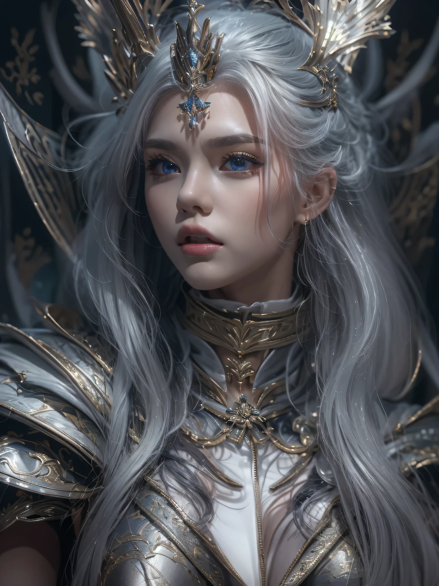 masterpiece, Raw photo，photorealism，High resolution，highest quality，High resolution, perfect composition, perfect face, perfect body, 16k，cinematic lighting，
Fantasy warrior queen, silver hair，hip，latex，black，attractive，Castle Background、costume showing collarbone、close up of face、