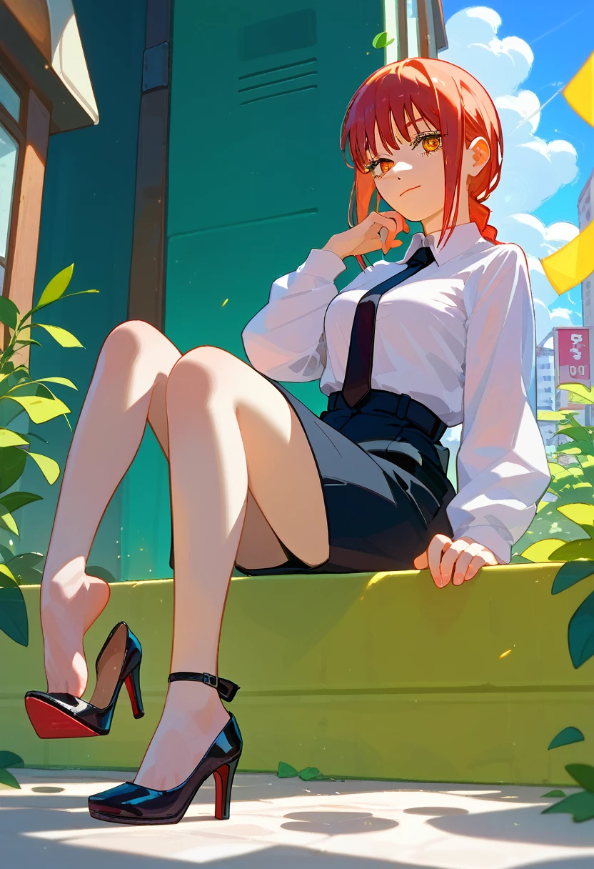 1girl, high heels shoe dangle, makima (chainsaw man), sitting