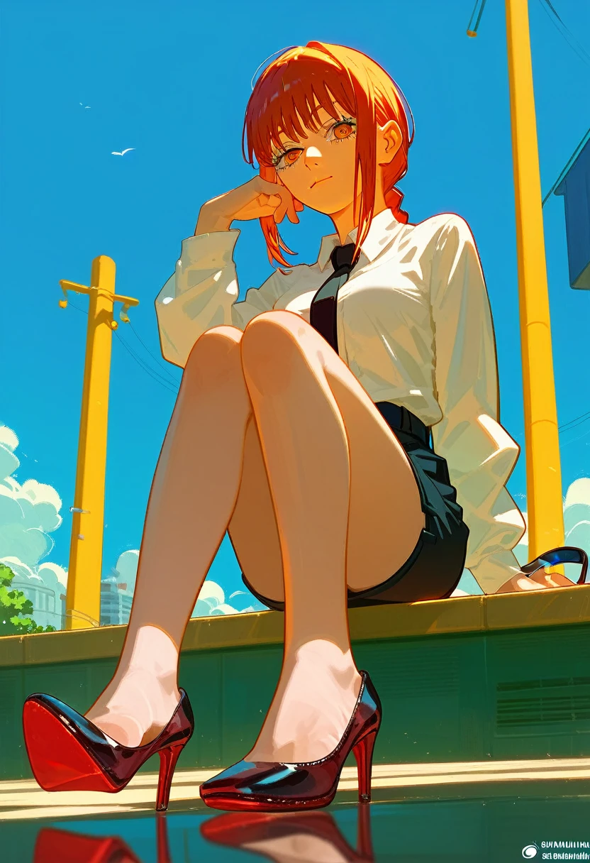 1girl, high heels shoe dangle, makima (chainsaw man), sitting