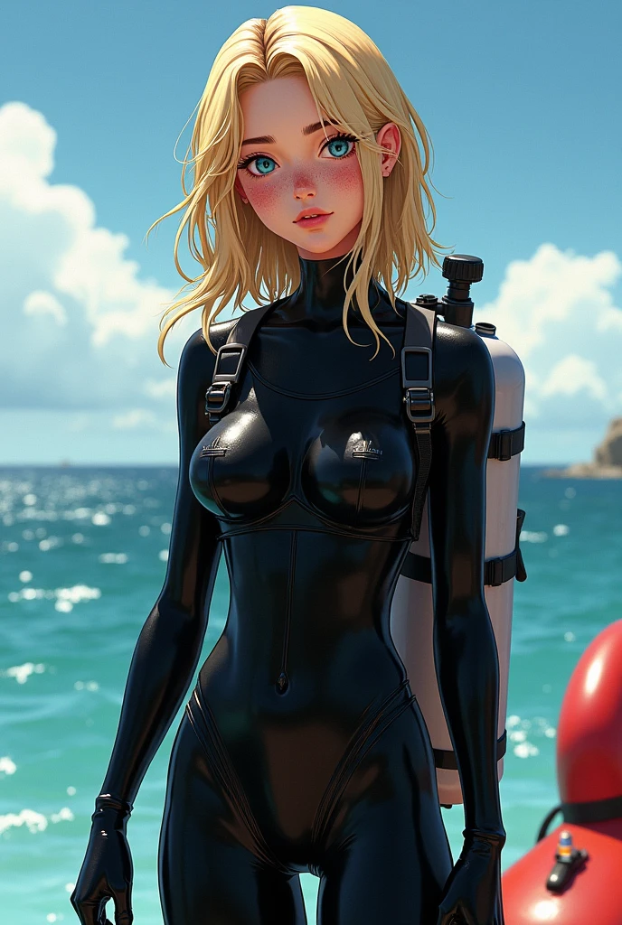 Hot tennage girl wearing black wetsuit she has blond hair and now she is also wearing scuba gear she is wearing latex black gloves she is wearing scuba gear girl is having air tank and she has freckles girl is now standing wet on the life guard boat her brest is a litlle bit bigger