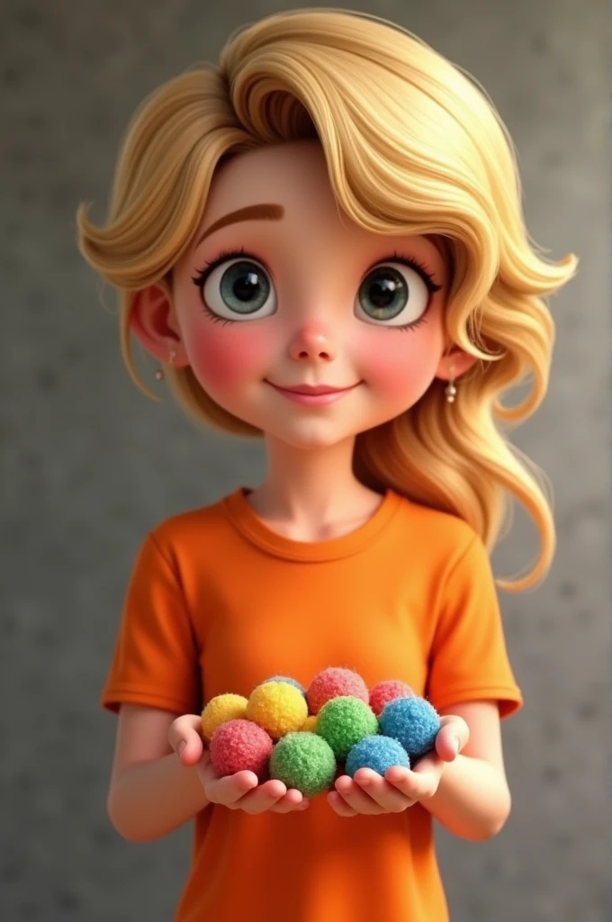 offering colorful brigadeiros .Honey blonde hair.hairstyle to the side. Wearing an orange t-shirt. Pixar-style