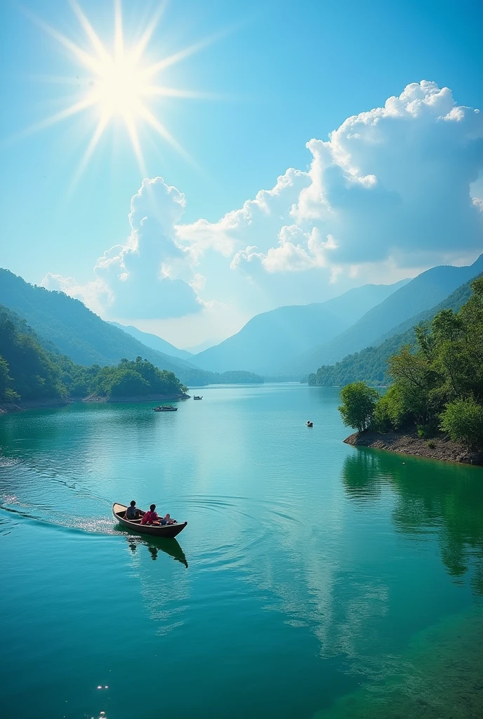 A scenic and captivating image of Dumbur Dam in Tripura, India, showcasing its appeal as a tourist attraction. The scene features the expansive reservoir with calm, clear blue water, surrounded by lush green hills and tropical trees. Several small islands are visible in the reservoir, adding to the natural beauty. A traditional wooden boat with a couple of tourists is gently floating on the water, reflecting the sky above. The sky is mostly clear with a few fluffy white clouds, and the sun is shining brightly, creating a serene and inviting atmosphere. In the background, the dense forests and distant hills add depth to the landscape, emphasizing the tranquility and natural beauty of this travel destination.
