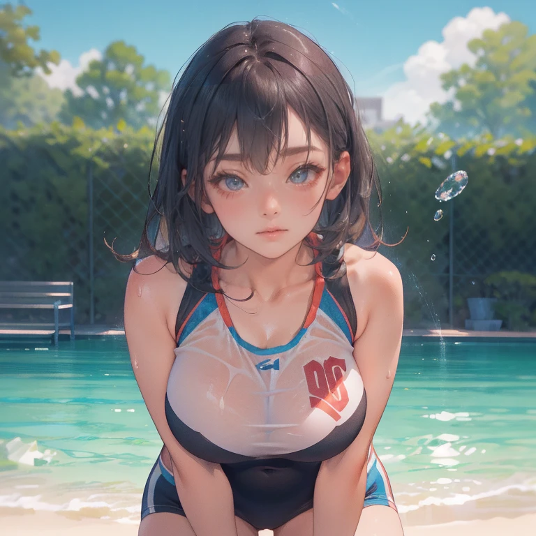 ((Bright competitive swimsuit))、virilha、mid chest、Fixador、Inter-vertentes、olhar constrangedor、Seductive Facial Expressions、Brilhante、hands behind the head、(Crouching towards the viewer、pernas abertas)、Um tiro de corpo inteiro、pele brilhante、sweating、Bob Cabelo、