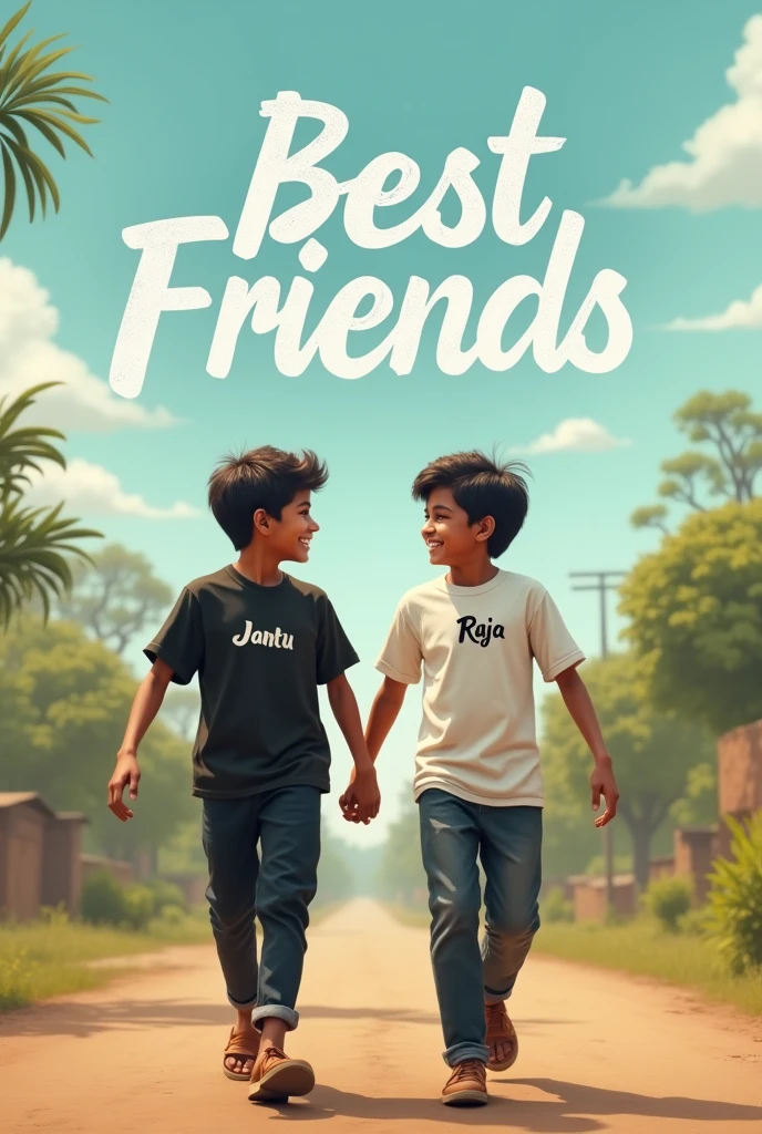 1 village indian boys walking on road, they are talking each other with laughing, first boy is wearing black T-shirt, with black pant, with name "JANTU" and second boy wearing White T-shirt on which Name "RAJA" is written, realistic image , 16k quality image. the words best friends written at top sky , make sure name should be visible.