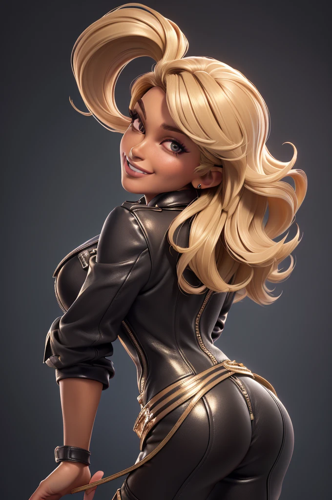 obra prima, melhor qualidade, ((only one woman,)) ((farrah fawcett, dark tan skin, short blonde bob hair, heavy makeup eye shadow, mouth open smile,)) (((wearing thigh length very black metalflake leather jacket,))) (((jacket is zipped up, jacket covers waist and ass,))) ((jacket has stiff high collar,)) ((gold pvc gloves,)) body is very skinny, standing up, (((arched back, shoulders leaning way back, hips twisting, head tilted way back, chin up,))) ((camera back view, extreme closeup view of upper body,)) shallow depth of field, highres, HD, 8k, anatomically correct