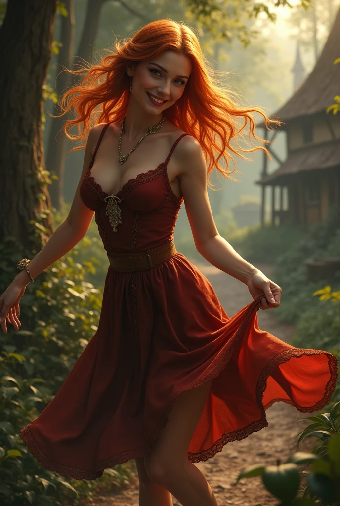 A beautiful and sexy peasant woman dress like a tavern wench, beautiful aquiline face detail, bright light eyes, full luscious lips, sexy eyeliner and eyeshadow, flirty smile, mischievous glint in her eye, detailed tiny perky cleavage, perfect legs, lithe body, wonderful and innocent energy, adventurous spirit, Lucious red hair, atmospheric fog, ambient light, rim light, a small medieval village, an overgrown forest, sexy dancing and twirling,