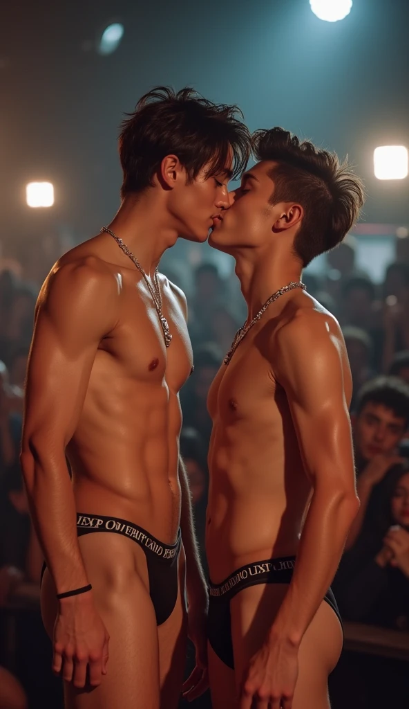 please describe all member of boyband exo only wearing nothing , six pack abs and v shape. Naked men, kiss and hug each other passionately. Big bulges, suck nipples.