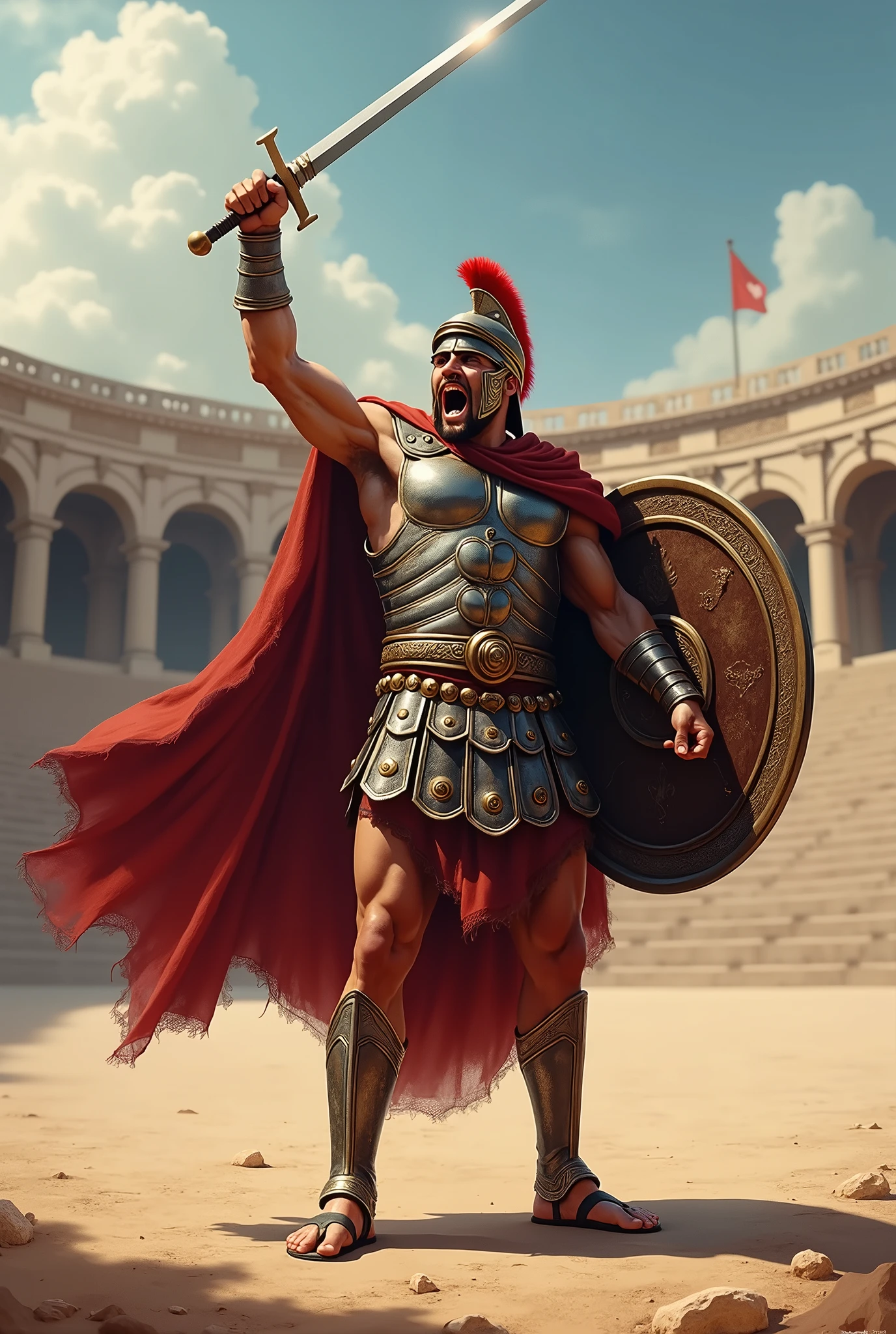 Soldier with Roman style armor, using a shield and a sword in the other hand, with helmet, shouting his victory, showing his entire body, including the sandals on his feet, in an empty arena, painting style, but very detailed and realistic 4k