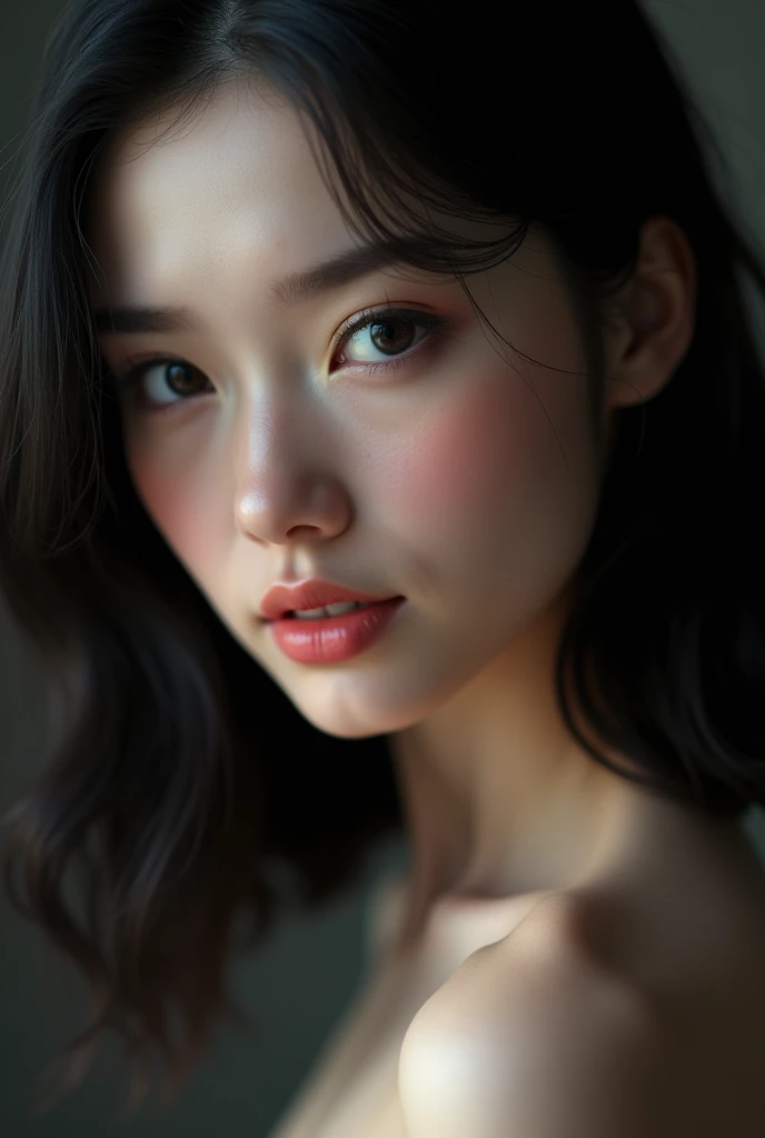 20 year old girl fair skin oval face black eyes shoulder length hair 32 c cup breast and 30 waist flat stomach legs a little longer wearing short clothes showing more skin. Give new facial features