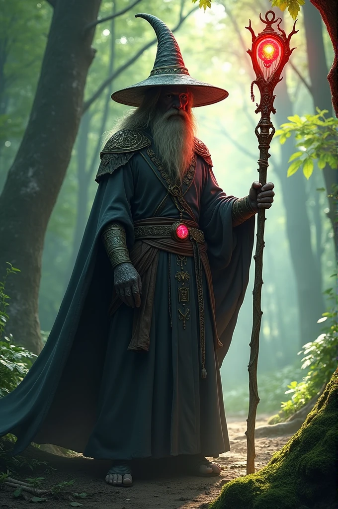 A druid mage, with a staff with a ruby stone on the tip, and wearing a pointy hat