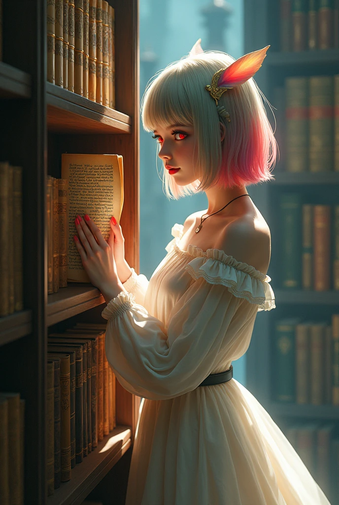 in a futuristic world, Advanced technology permeates the surrounding environment. The atmosphere is full of mystery and wonder. The scene is set in the library, The shelves are filled with ancient books and scrolls, Create a sense of knowledge and history. A  girl stands in the middle of the library, Flip through the tirades gracefully, Intricate scrolls. Her appearance is eye-catching, Bob's tailor-made hairstyle accentuates her delicate facial features. Her skin was pale, Almost ethereal, with a vibrant, Colorful hair ran down her back. Her eyes are fascinating, Shining brightly，Add an otherworldly feel. Although her lips were closed, She had a charming smile on her face, Hint at the secrets of her heart. Her red eyes, Piercing and sturdy, Convey strength and vulnerability. She leaned against the bookshelf for support, Show off her elegant posture.