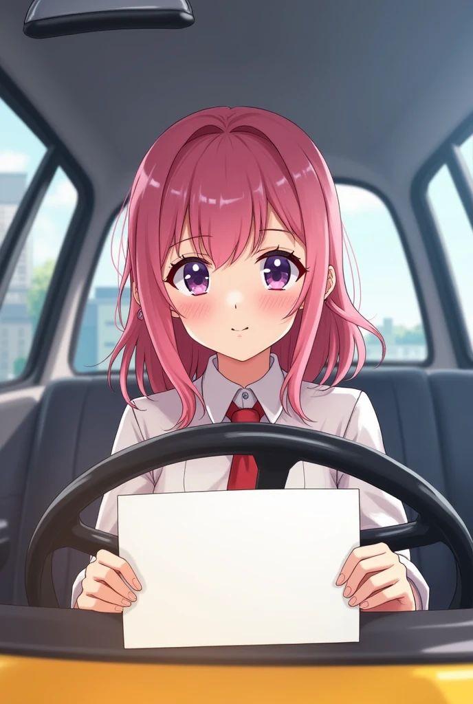 anime, drawing, pretty girl, sexy, White skin color, pink hair, works in taxi, He is holding a blank sign