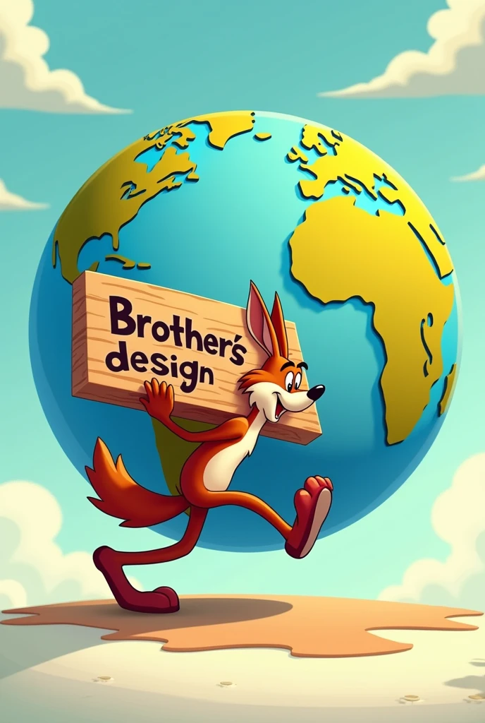 Cartoon coyote holding a large piece of wood, running around the globe, uma placa grande escrita Brothers's Design
