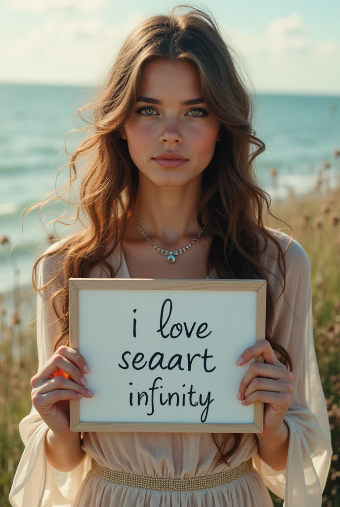 Beautiful girl with wavy long hair, bohemian dress, holding a white board with text "I Love Seaart Infinity" and showing it to the viewer