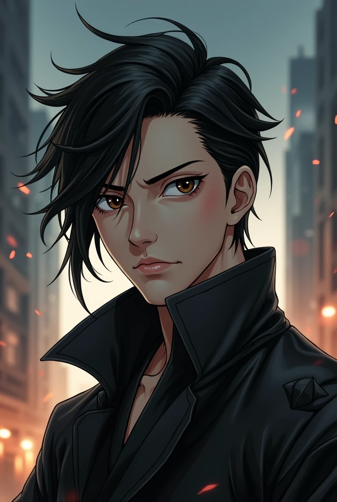 Young man character with black hair slicked back, dark brown eyes in demon slayer anime style
