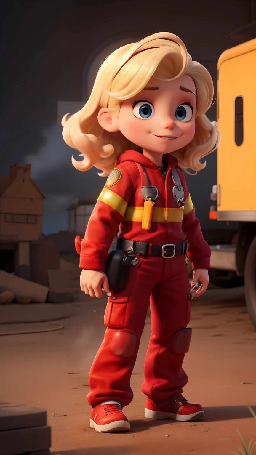a cartoon blonde bombero with a red helmet and firefighter suit