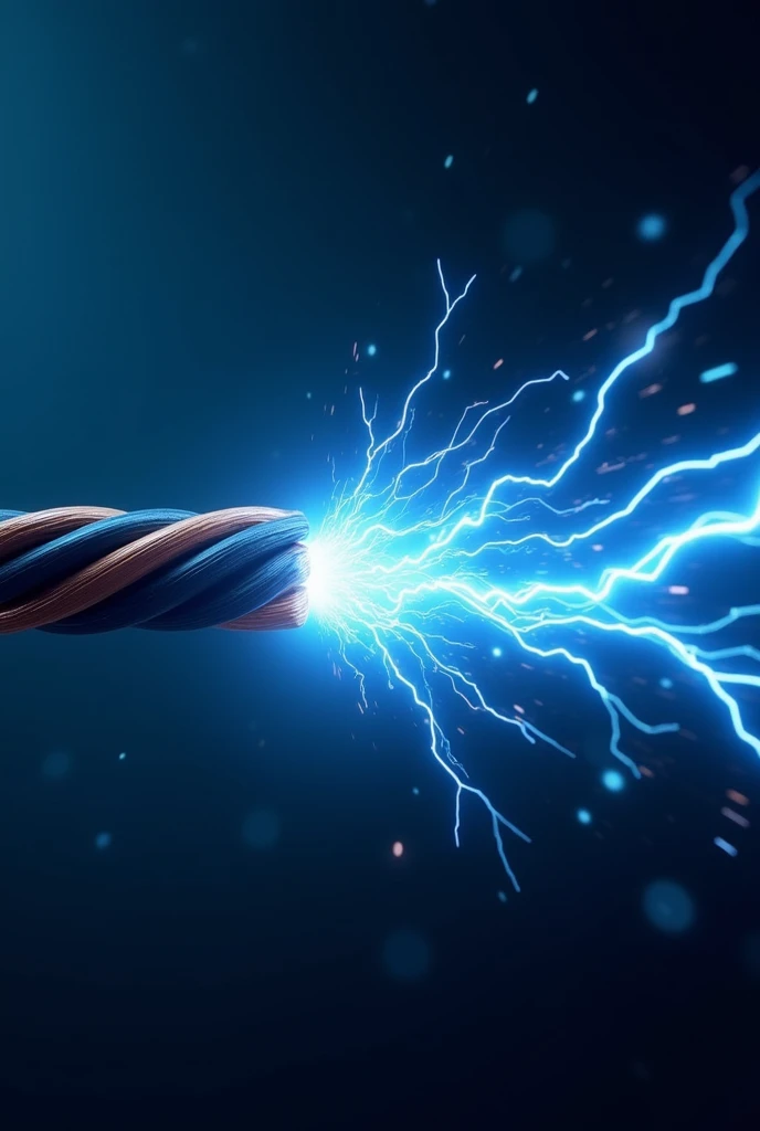 World "A dynamic image showing electricity traveling through a wire at high speed, depicted as bright, energetic blue and white currents zooming through a copper wire. The background is a dark gradient, highlighting the glowing currents, with faint hints of the speed of light in the form of blurred light trails."