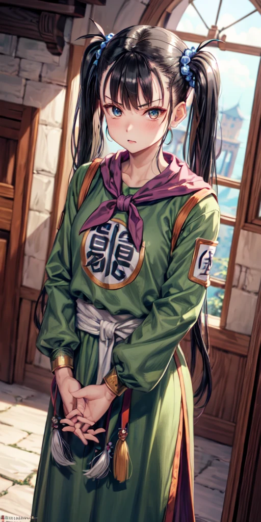 masterpiece, Highest quality, 4K, 8k, Warrior (dq3), One person, alone, Long Hair, Twin tails, View your viewers, Black Hair, hair ornaments, Long sleeve, dress, Medium chest, Mouth closed, Cowboy Shot, Iris, Raise your arms, Chinese clothing, Hair ties, Clenched hands, Combat Stance, Ancient castle, indoor