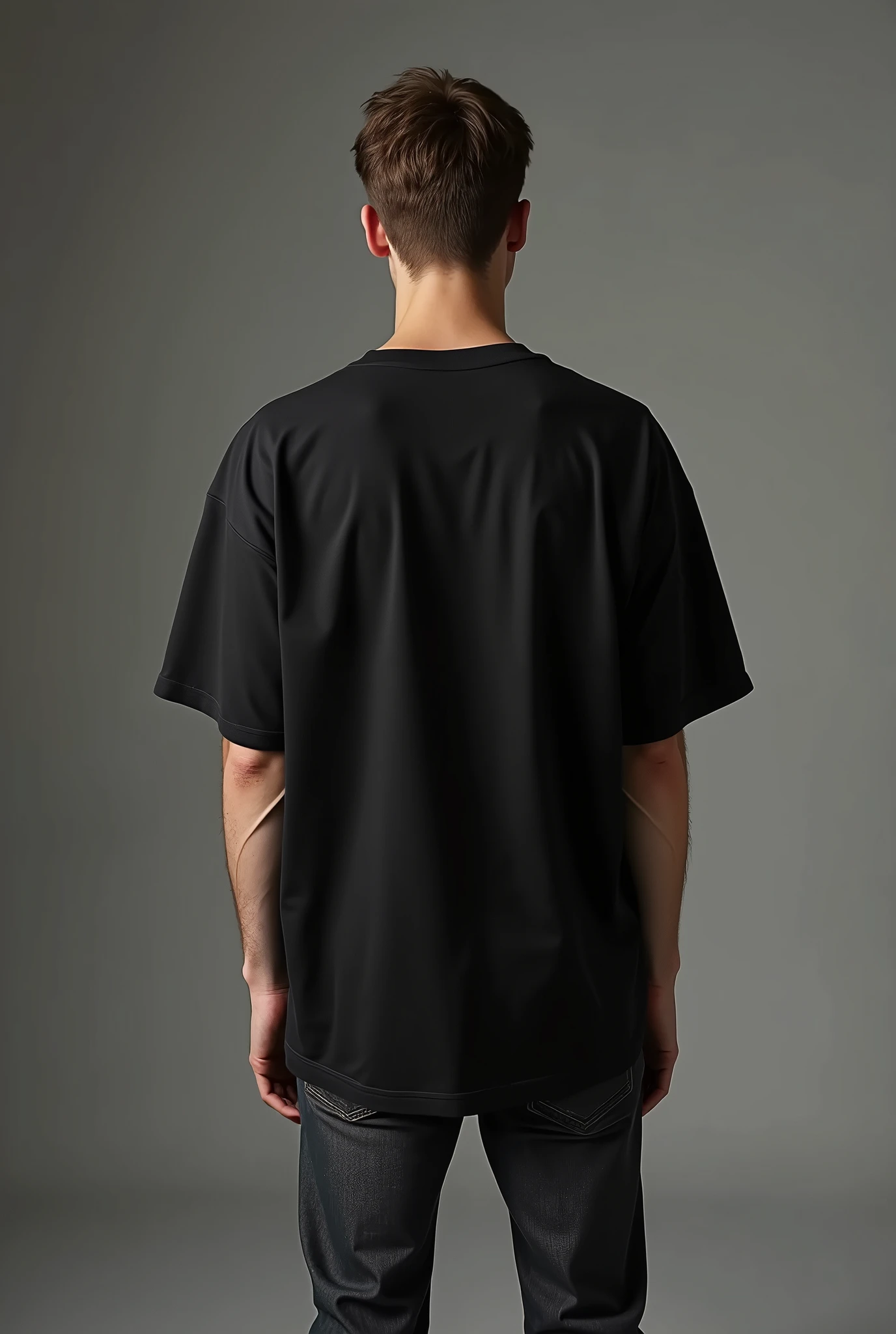 Handsome man, standing straight facing at back wearing black colour oversized t-shirt, denim pants, against greyish background, cotton texture of t-shirt, oversized tshirt,round neck, half sleeves. Cotton texture of t-shirt should be visible little bit. Hands should be straight.
