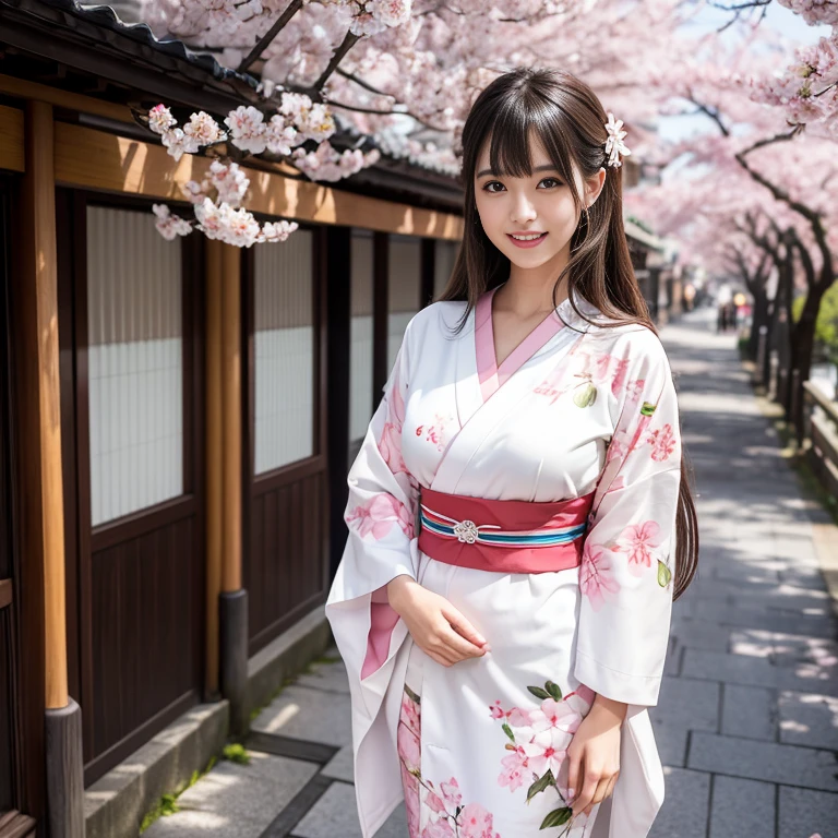laughing out loud，Wear a white kimono with cherry blossoms printed on it, long kimono, (knee shot), 1 girl, On the face, light brown hair, blunt bangs, hair behind ears, Hair over the shoulders, long hair, Slender body type, Super thin face, face slimming, delicate lips, beautiful eyes, Thin blush, Eyes are light brown,Check it out here, (realistic:1.3), Standing next to a street in Kyoto, Japan, 8k, , Super detailed, high quality, best quality, High resolution, ，Large Breasts，H CUP, 3