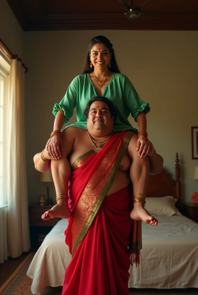 Beautiful and Slim Indian woman Aishwarya Rai in green blouse red saree lifting a large chubby man above her shoulders, man is sitting on woman's shoulders, in a bedroom with high ceiling, natural smile, full body image