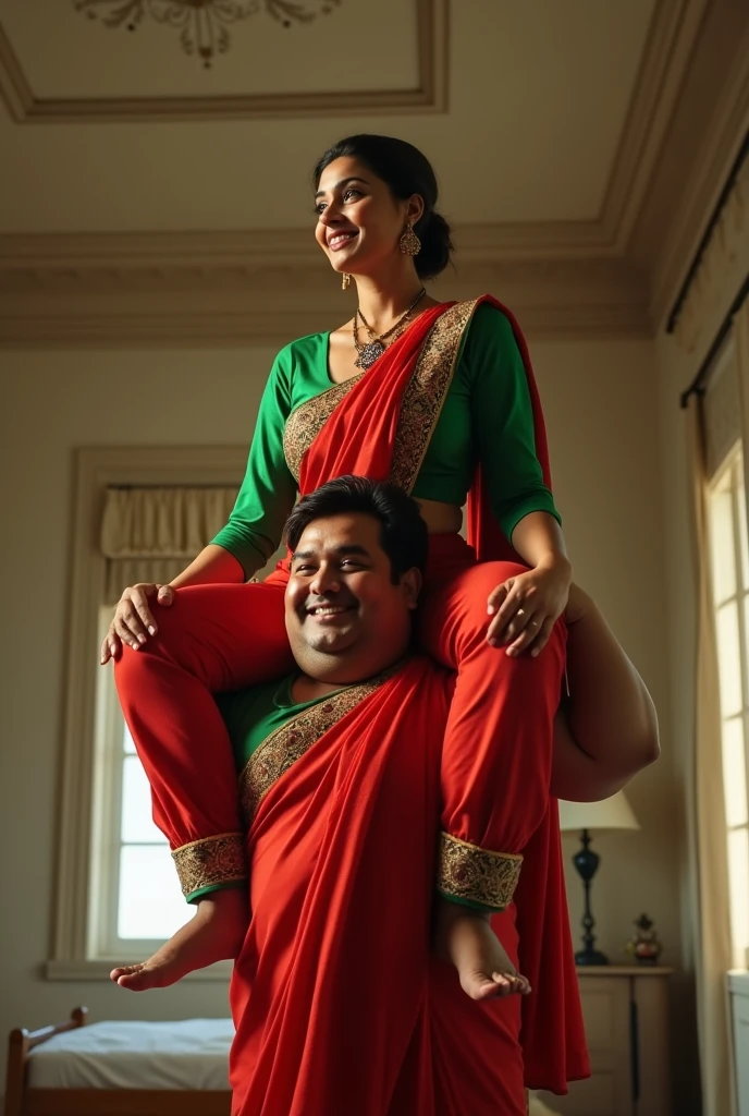 Beautiful and Slim Indian woman Aishwarya Rai in green blouse red saree lifting a large chubby man above her shoulders, man is sitting on woman's shoulders, in a bedroom with high ceiling, natural smile, full body image