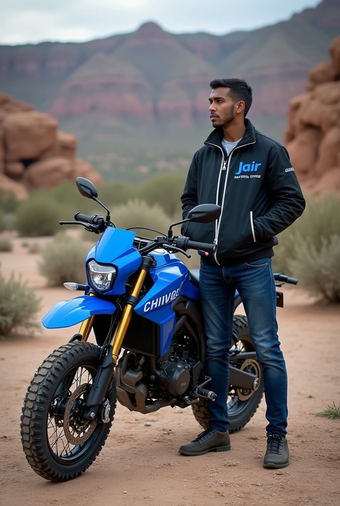 Blue all-terrain motorcycle and the owner standing next to it wearing a jacket with the name JAIR on it 