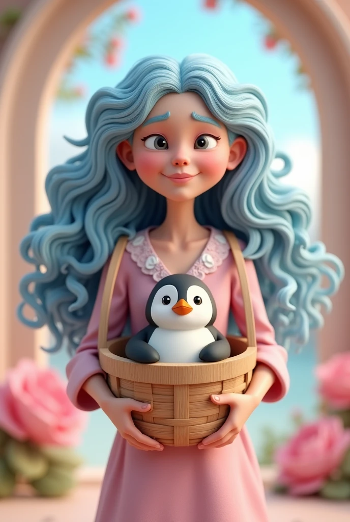 80 year-old woman with curly blue long hair
A pink dress with pictures of white roses on it
A wooden basket with a penguin inside
In monikh 
Style 3D

