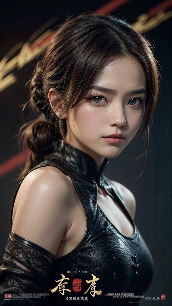 (best qualityer, Movie poster style), a beautiful woman with (one eye red:1.2),(significant writing of Chinese script:1.1), combining the elements perfectly together.