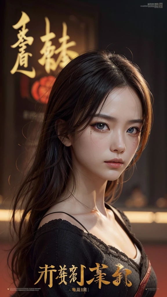 (best qualityer, Movie poster style), a beautiful woman with (one eye red:1.2),(significant writing of Chinese script:1.1), combining the elements perfectly together.