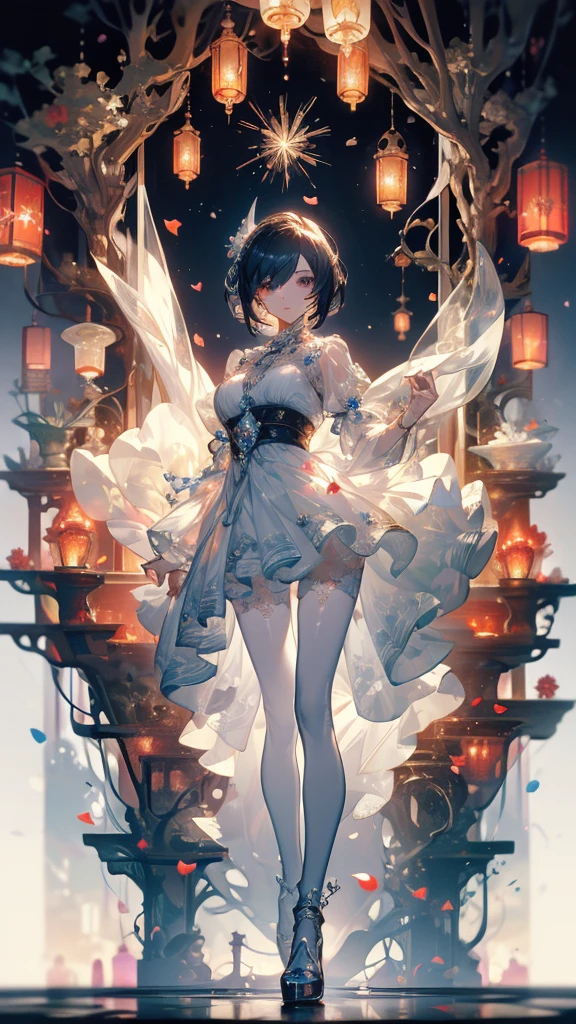 ((masterpiece, best quality)), Epic battlefield atmosphere,A display of fireworks and a sea of lanterns,Silver Bell Ice Heart,Magician,Petals falling,A meticulous face,Standing image,Perfect body proportions,Long legs,Stylish short hair,beautiful eyes,Fantasy style,White background,transparent,Sexy,Lace,Pantyhose