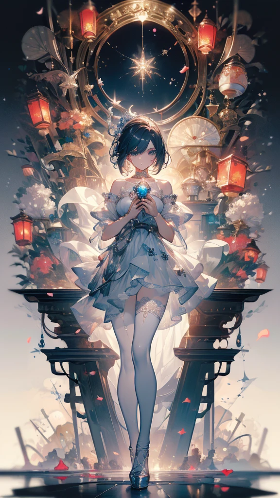 ((masterpiece, best quality)), Epic battlefield atmosphere,A display of fireworks and a sea of lanterns,Silver Bell Ice Heart,Magician,Petals falling,A meticulous face,Standing image,Perfect body proportions,Long legs,Stylish short hair,beautiful eyes,Fantasy style,White background,transparent,Sexy,Lace,Pantyhose