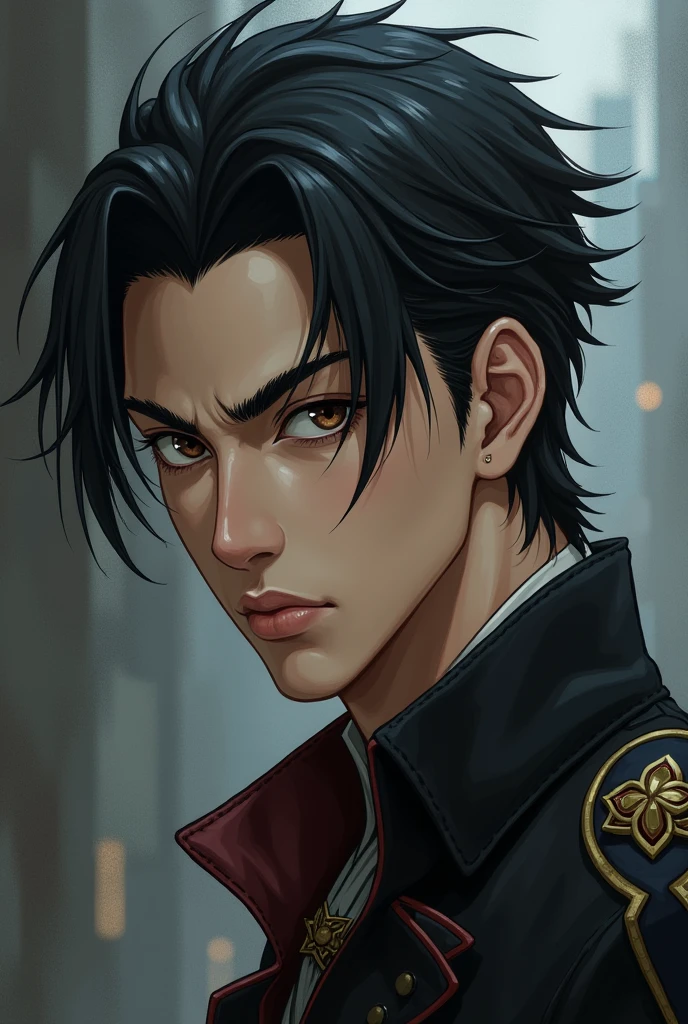 Young man character with black hair slicked back, dark brown eyes in demon slayer anime style