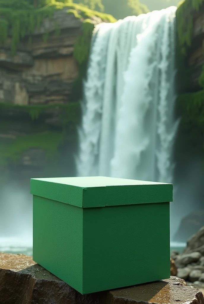 Create a realistic image of a green styrofoam box, and in the background a waterfall, and very hot