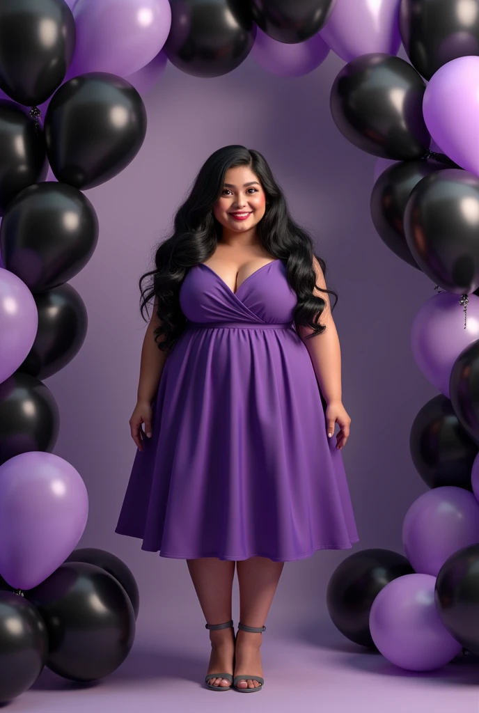 woman, long wavy black hair, smiling, chubby, purple dress, gray heels, surrounded by black and purple balloons, birthday celebration, looking at the camera, photorealistic