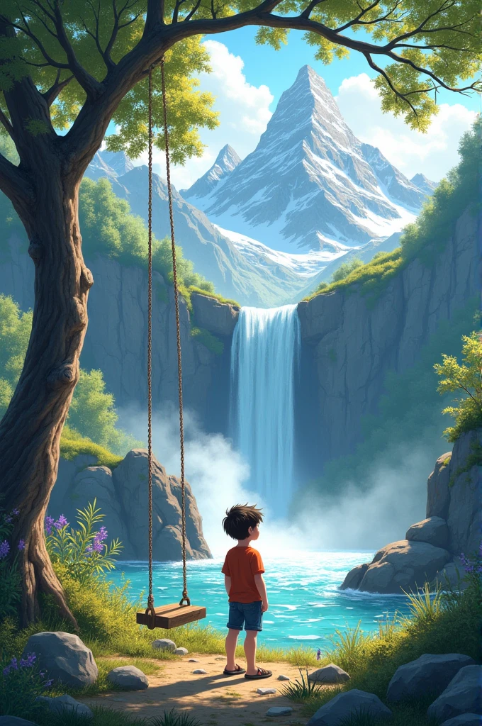 A 10 year boy standing in front of a beautiful waterfall and there are beautiful mountains and beside the boy there is a tree that has a swing on it