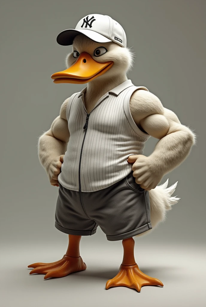A duck with a human body, with defined muscles, brave face, Waist slender, com boné branco do new york yanks