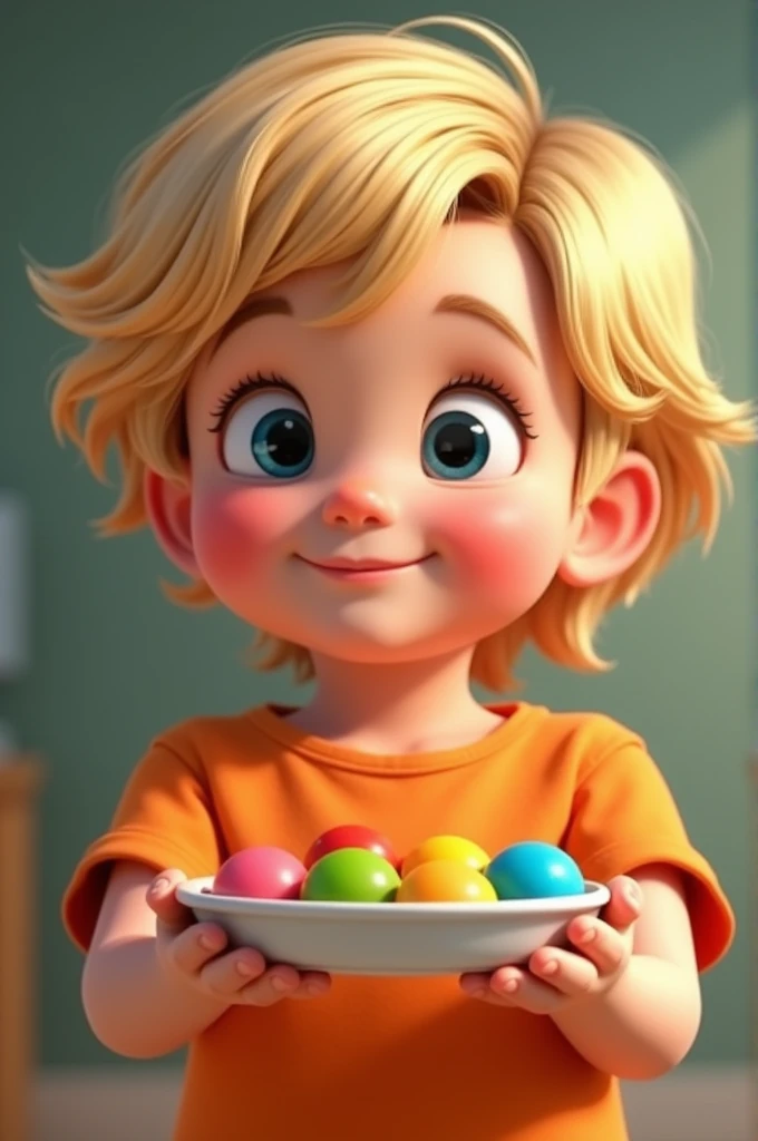  child offering colorful brigadeiros .Honey blonde hair.hairstyle to the side. Wearing an orange t-shirt. Pixar-style 
