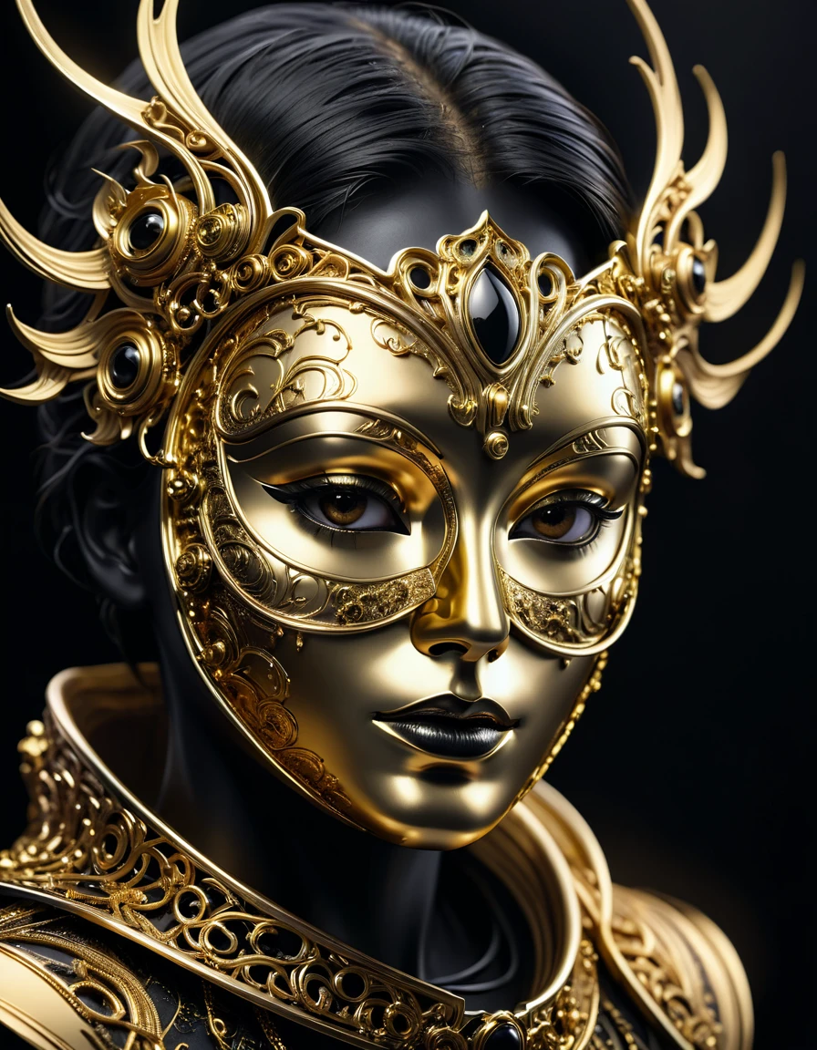close -up of a golden mask on a black background, gold and black metal, portrait of a metal face, abstract 3d work of art, gloomy, but detailed digital art, saturated with black and gold, golden mask, 3d digital art 4k, abstract face, gold and steel are intricate, complex face, the face dissolves in the universe, metal mask, medium_shot, (wide_shot:1.1), (fully included in the frame:1.4), (gallery of the golden hour:1.2), deep black, (midjourney style:1.3), RAW, UHD, ultra-detailed, macroscopic detail, high-resolution professional photography, (futuristic patterns many small details:1.1), (golden chrome:1.3), (full shot:1.7)