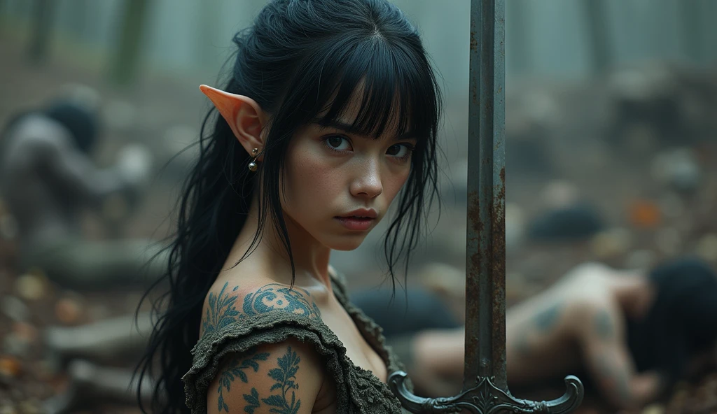 beautiful young elf woman, delicate facial features, marked jaw, gray eyes, black hair, bangs, elven tattoos, brandishes a sword in her hands, standing in a defensive position, corpses of enemies in the background, long shot, realism, cinematographic lighting,