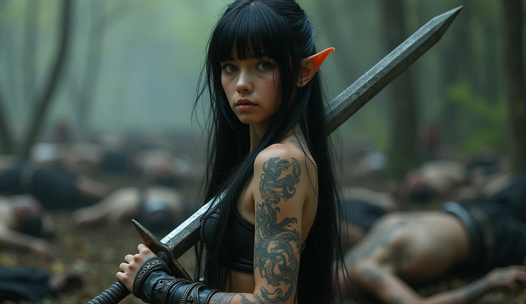 beautiful young elf woman, delicate facial features, marked jaw, gray eyes, black hair, bangs, elven tattoos, brandishes a sword in her hands, standing in a defensive position, corpses of enemies in the background, long shot, realism, cinematographic lighting,