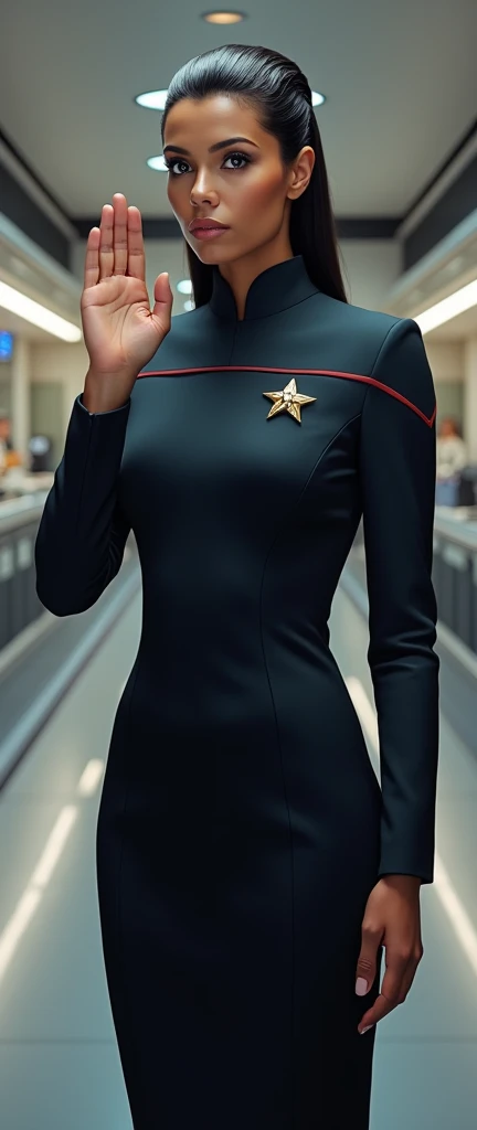 a female Vulcan in starfleet unifrom giving vulcan sign gesture