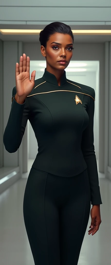 a female Vulcan in starfleet unifrom giving vulcan sign gesture