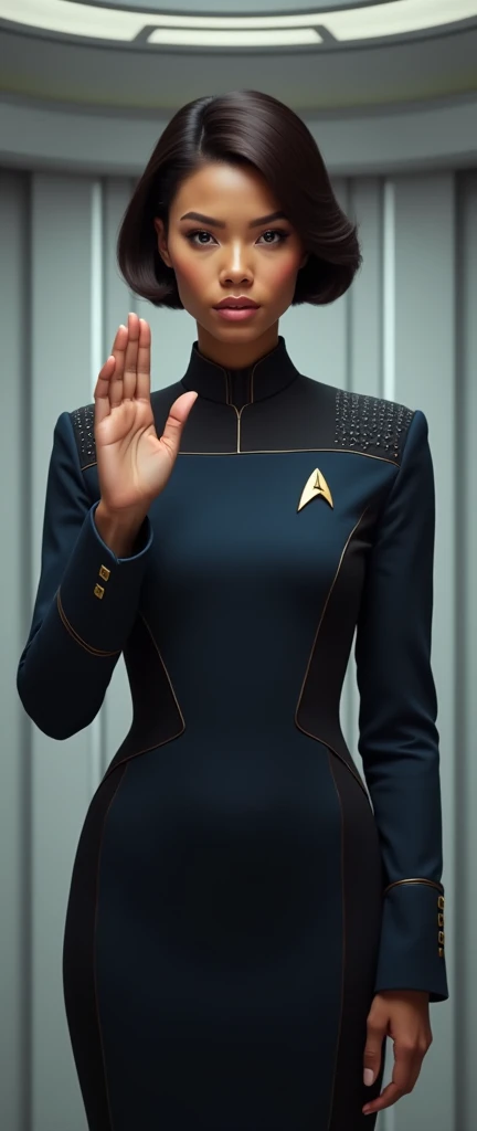 a female Vulcan in starfleet unifrom giving vulcan sign gesture